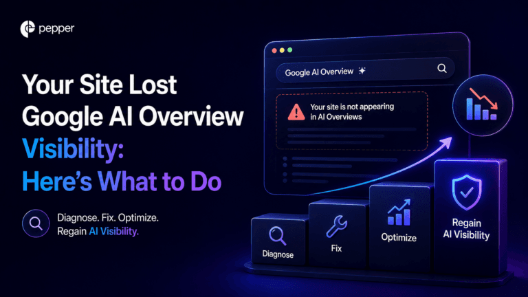 Diagnostic flowchart for recovering lost Google AI Overview visibility, from confirming the drop to identifying the cause and fixing it