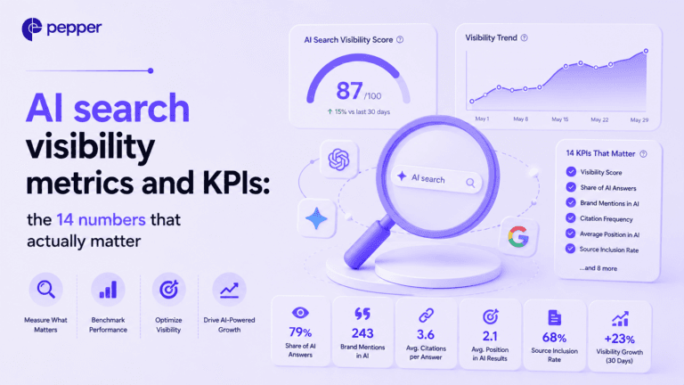 Illustration of an AI search analytics dashboard showing brand mentions, citations and share of voice across multiple engines