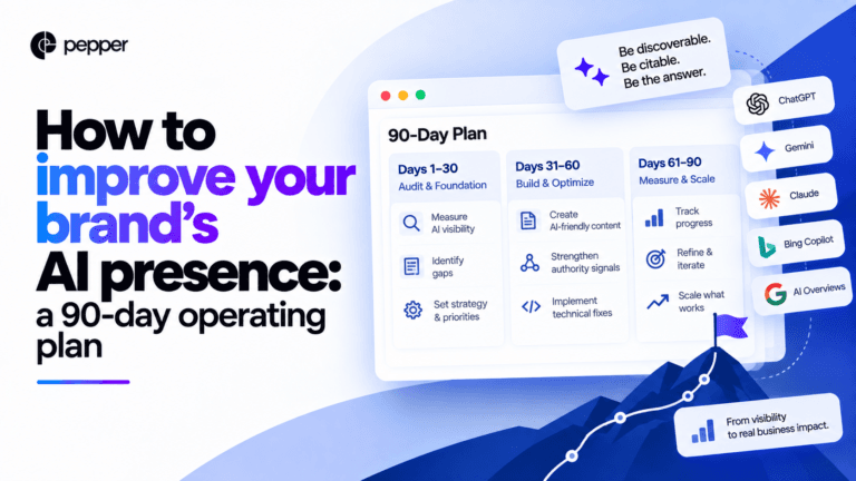 Timeline of a 90-day AI presence plan showing earned media running from day one to day ninety while faster work is layered on top