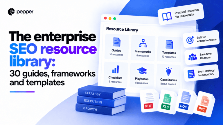 Bar chart of 30 enterprise SEO resources broken down by type, showing guides outnumbering frameworks and templates